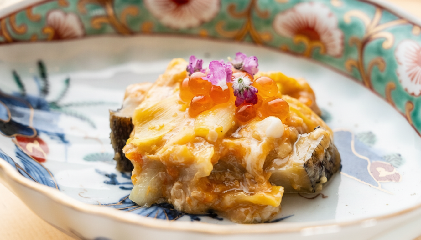 鮑オースワン——貝と卵の一皿。